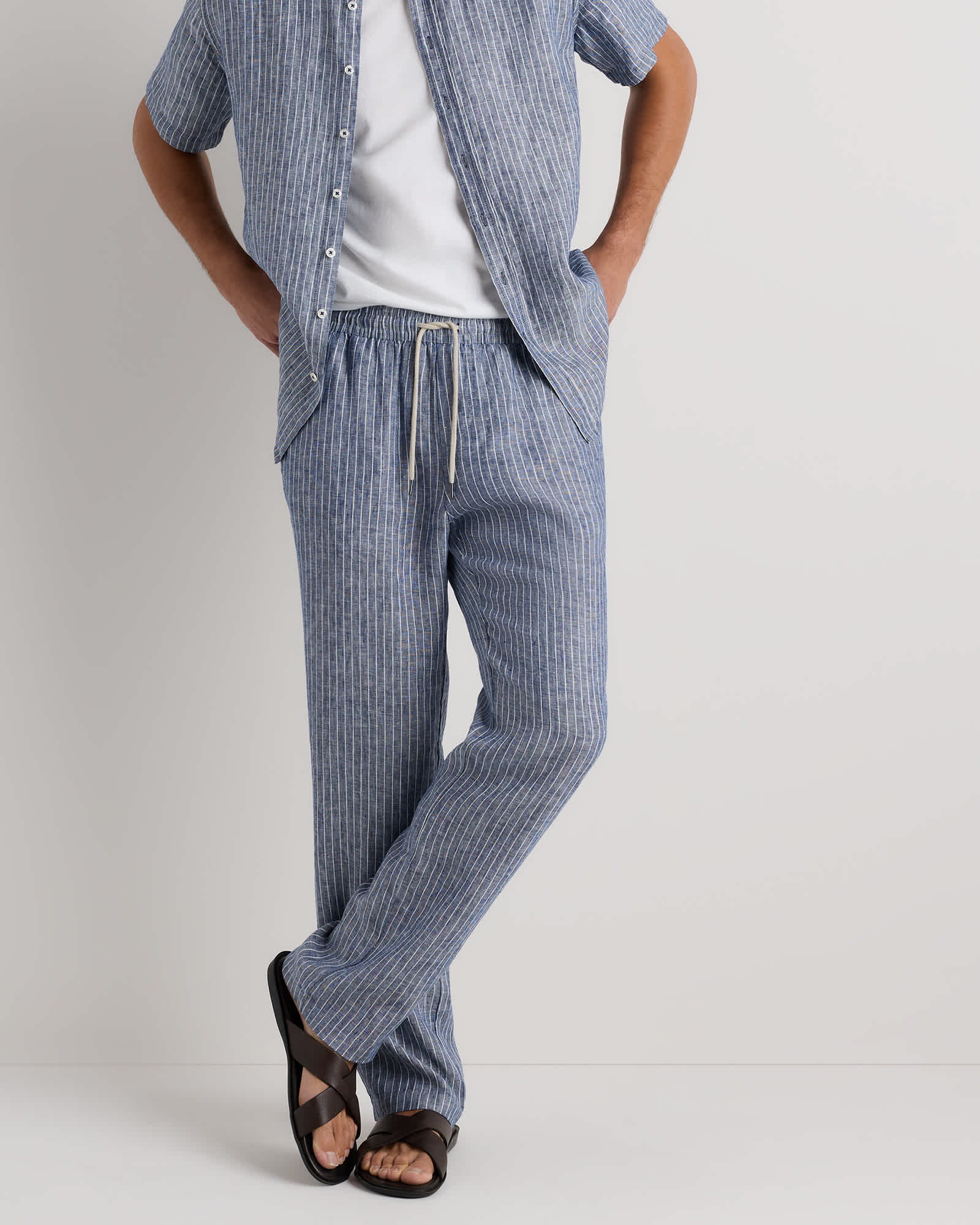 Chambray Stripe Pantalon de plage 100 % lin européen à cordon de serrage