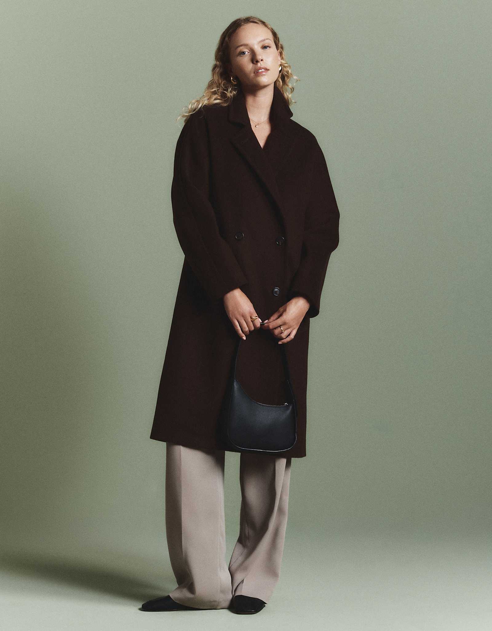 Dark Chocolate Italian Wool Double-Breasted Slouch Coat