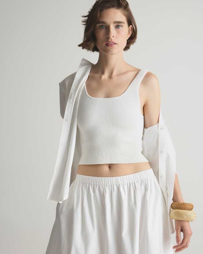 White Cropped Square Neck Ribbed Knit Tank