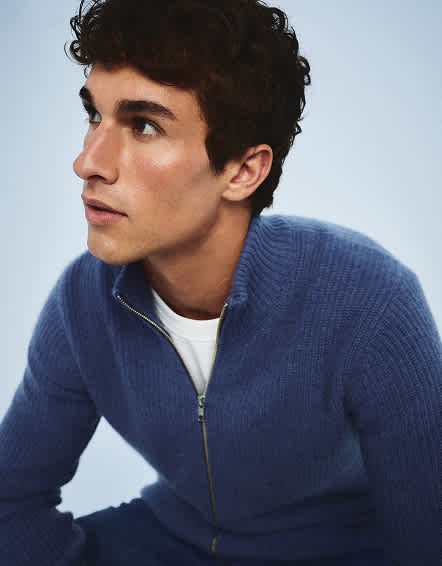 Heather Storm Blue Mongolian Cashmere Fisherman Full Zip Sweater