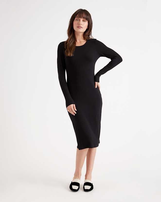 Black Tencel Rib Knit Long Sleeve Dress