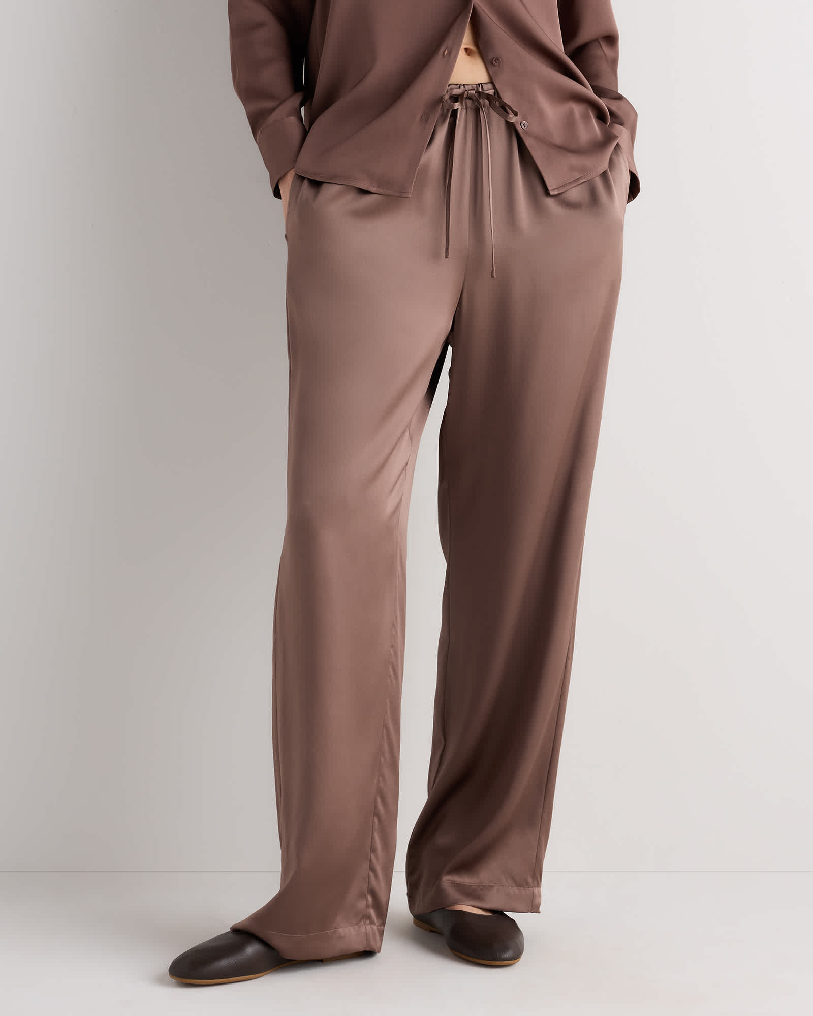 Mink Taupe Pantalon à jambes larges 100% soie lavable à cordon de serrage