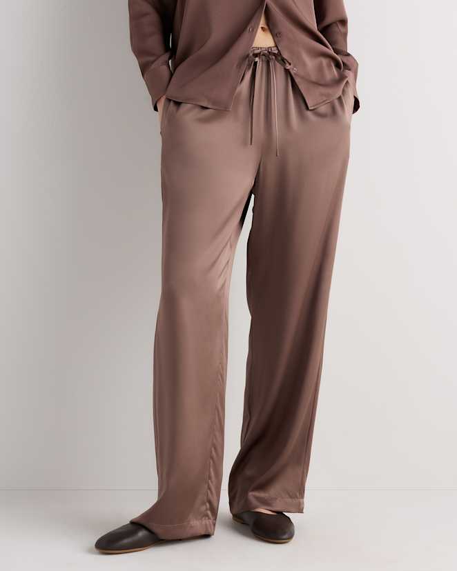 Mink Taupe 100% Washable Silk Drawstring Wide Leg Pants
