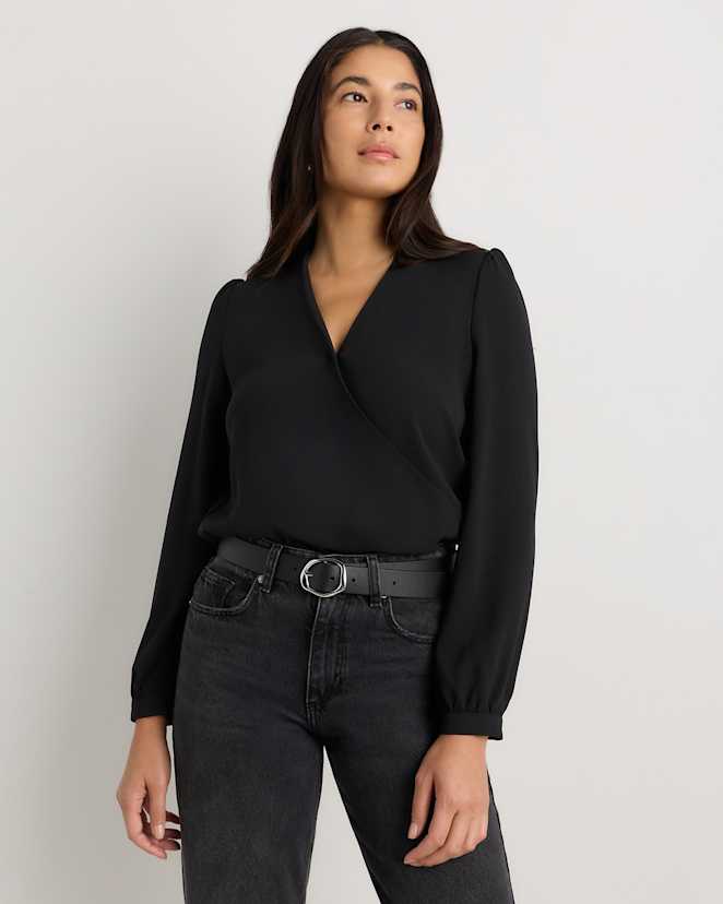 Textured Black Fluid Crepe Surplice Long Sleeve Blouse