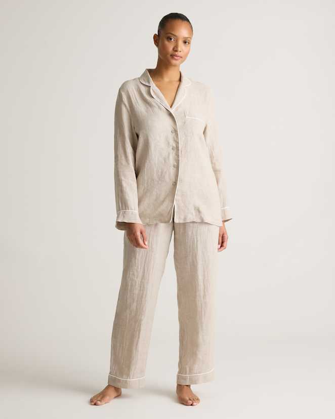 Flax 100% European Linen Long Sleeve Pajama Set with Piping