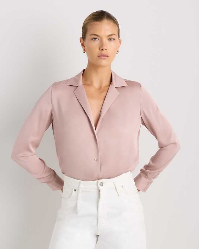 Vintage Pink Washable Stretch Silk Notch Collar Blouse