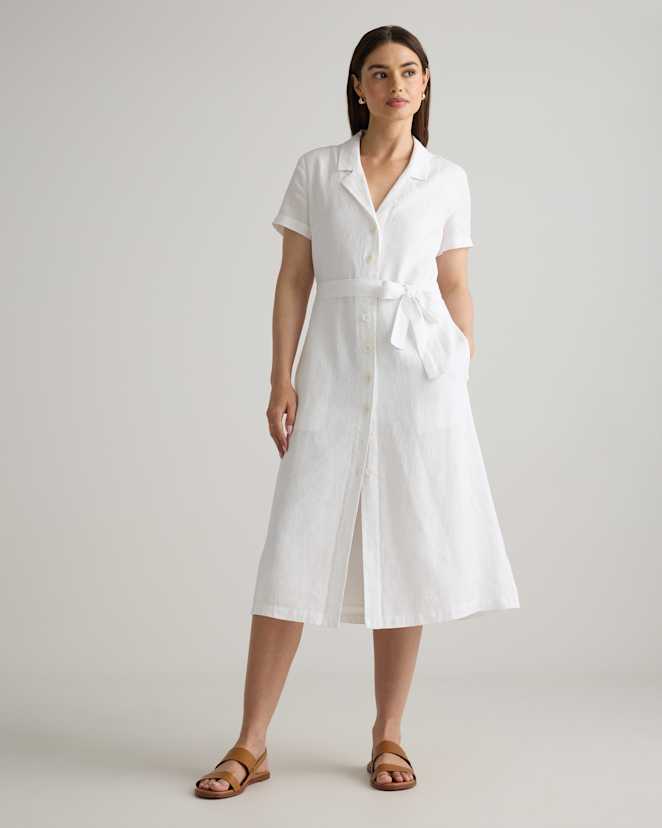 White 100% European Linen Button Front Dress