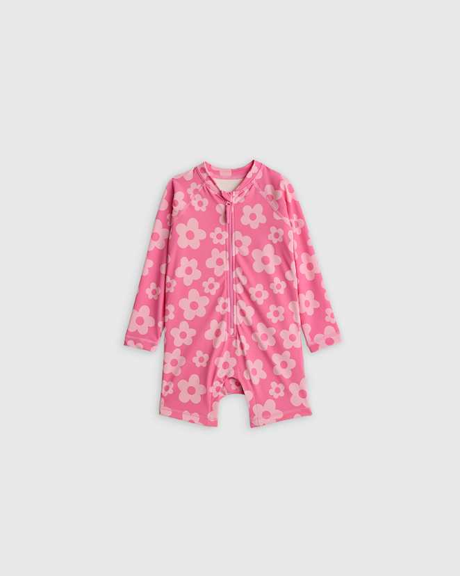 Pink Daisy Girls Long Sleeve Zip-Up Rash Guard One-Piece