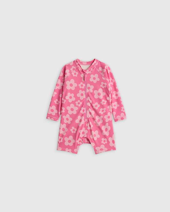 Pink Daisy Long Sleeve Zip-Up Rash Guard One-Piece