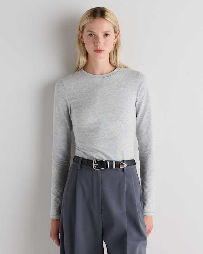 Heather Grey Stretch Cotton Jersey Fitted Long Sleeve T-Shirt