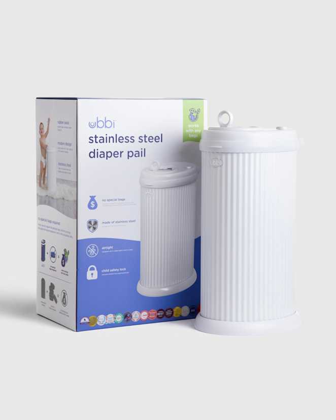 Matte White Fluted Ubbi Fluted Stainless Steel Diaper Pail