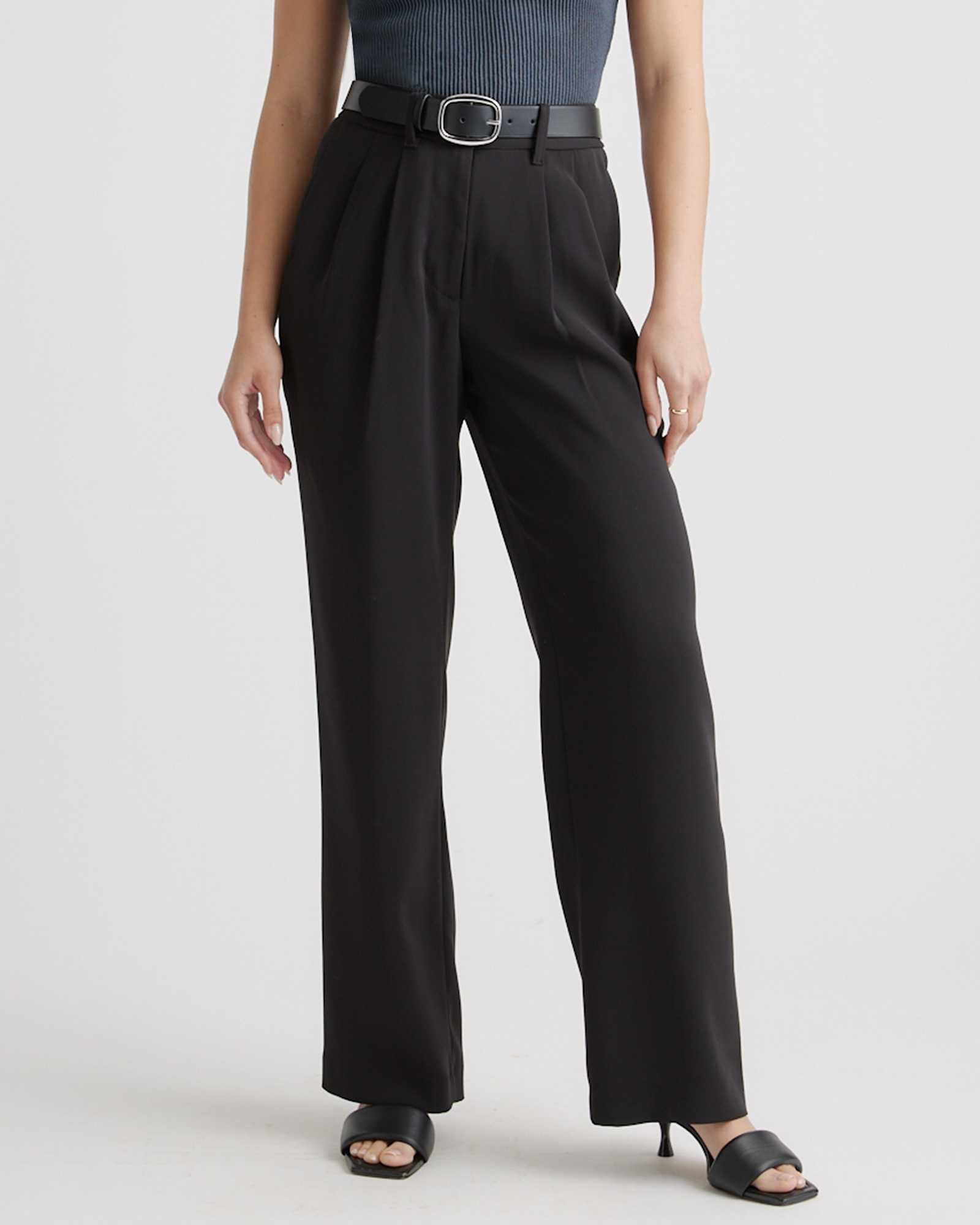 Black Stretch Crepe Pleated Wide Leg Pants