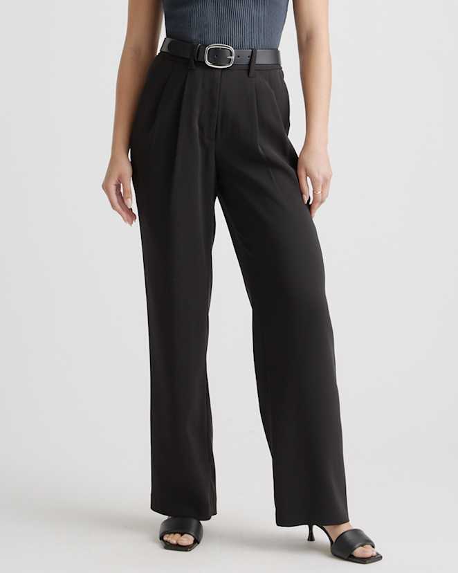 Black Stretch Crepe Pleated Wide Leg Pants