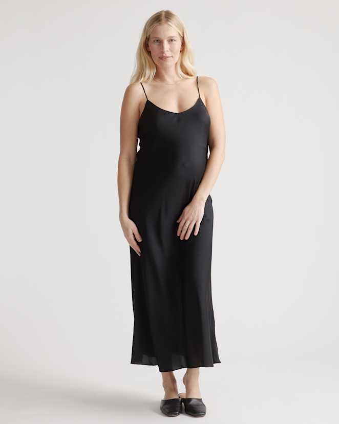Black Washable Stretch Silk Maternity Slip Dress
