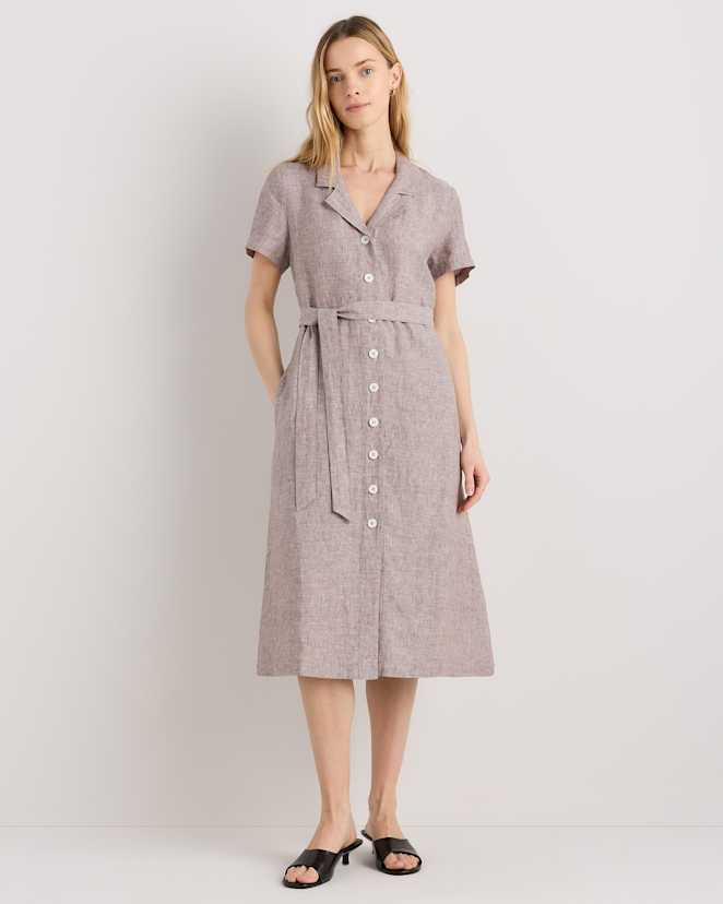 Taupe Brown Chambray 100% European Linen Button Front Dress