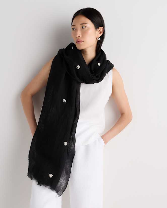 Black 100% European Linen Embroidered Scarf