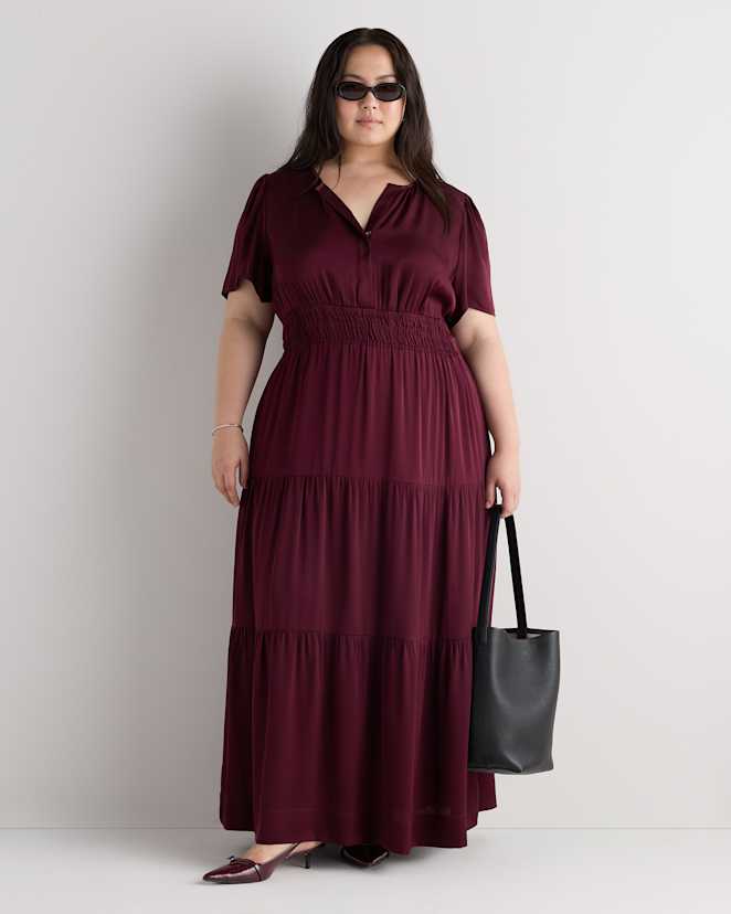 Wine Tasting Red Washable Stretch Silk Tiered Maxi Dress