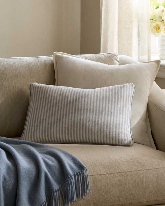 Mist/White Stripe Piped Linen Stripe Pillow Cover