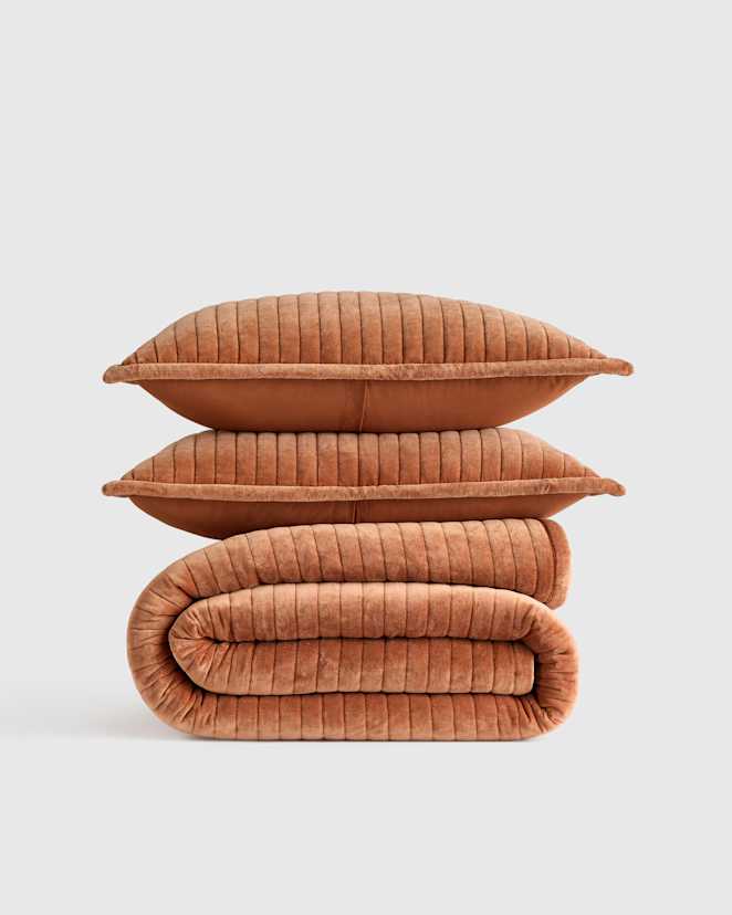 Terracotta Cotton Velvet Horizontal Channel Quilt Set