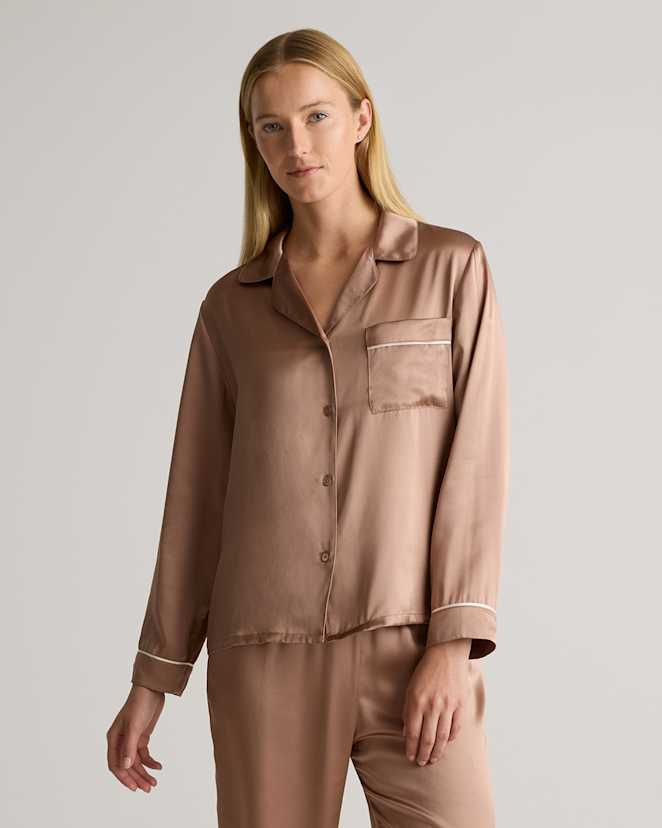 Toasted Almond 100% Washable Silk Satin Pajama Long Sleeve Top