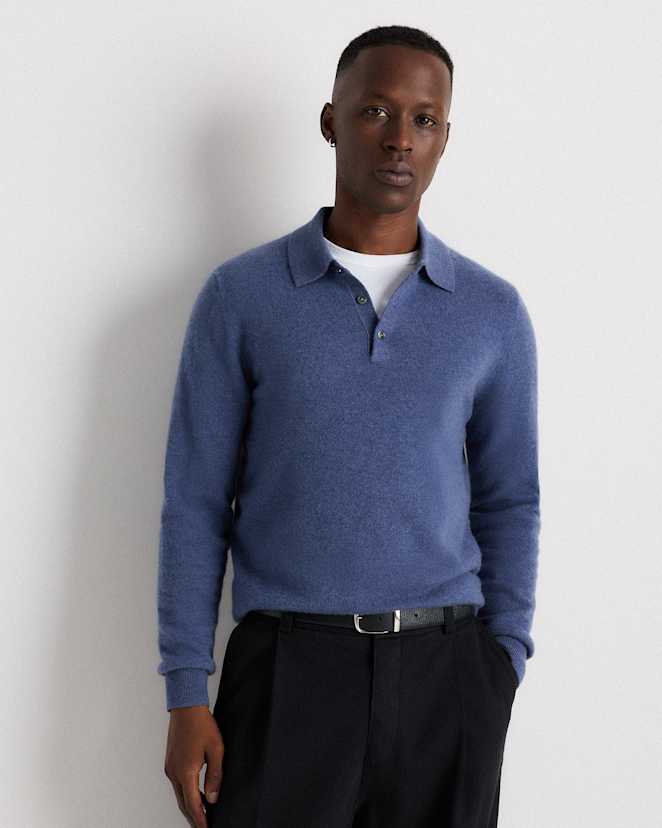 Heather Storm Blue Mongolian Cashmere Polo Sweater
