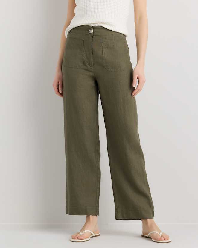 Bayberry Olive 100% European Linen Patch Pocket Wide Leg Pants