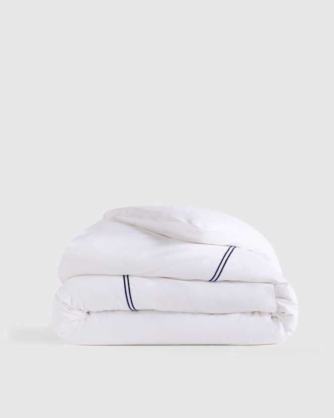 White/Navy Classic Organic Percale Embellished Duvet Cover