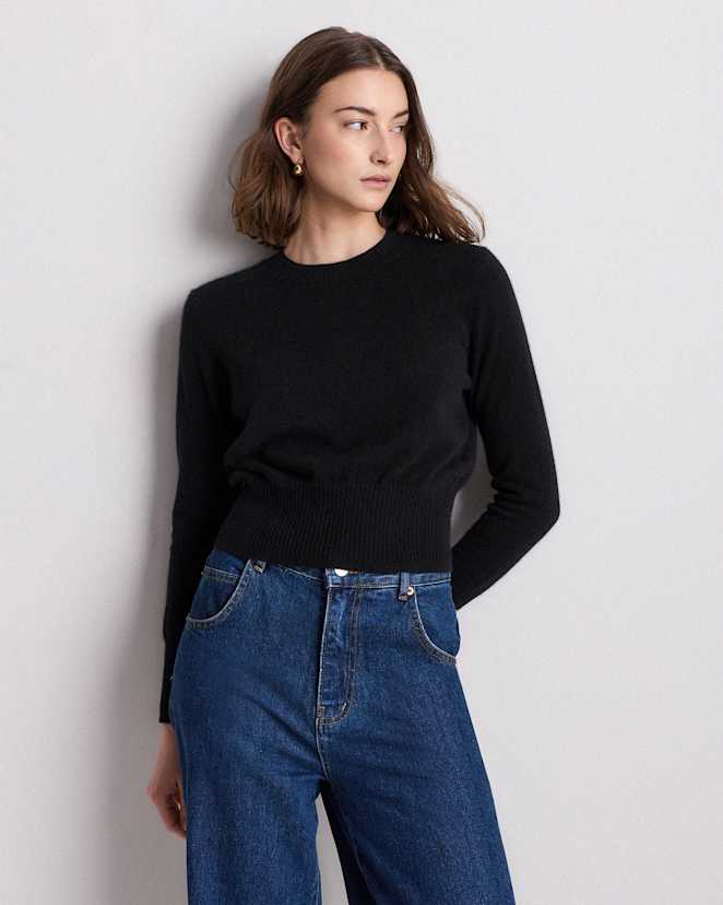 Black Mongolian Cashmere Shrunken Crewneck Sweater
