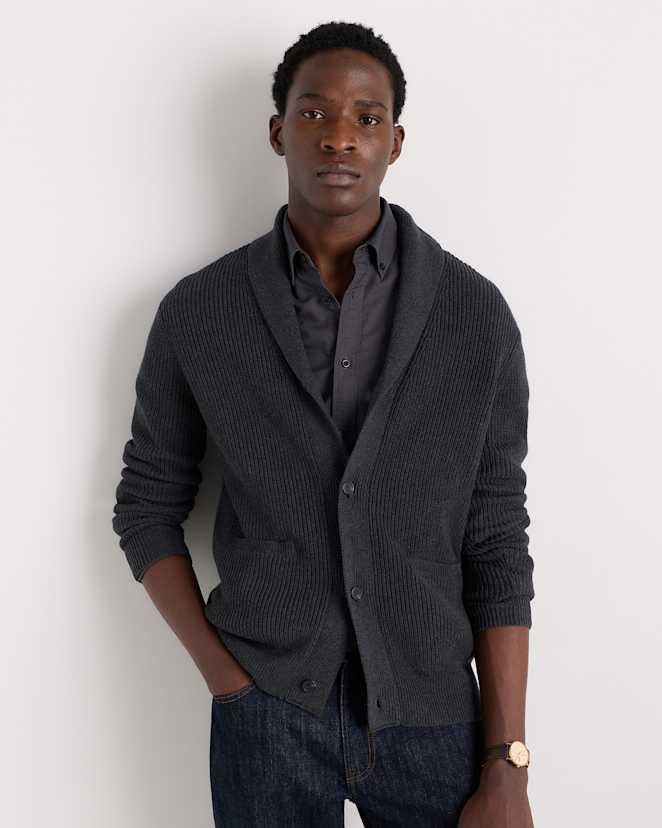 Charcoal 100% Organic Cotton Ribbed Shawl-Collar Cardigan Sweater