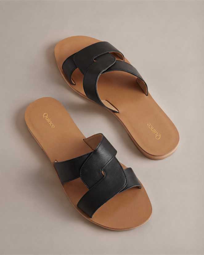 Black Italian Leather Cutout Slide Sandal