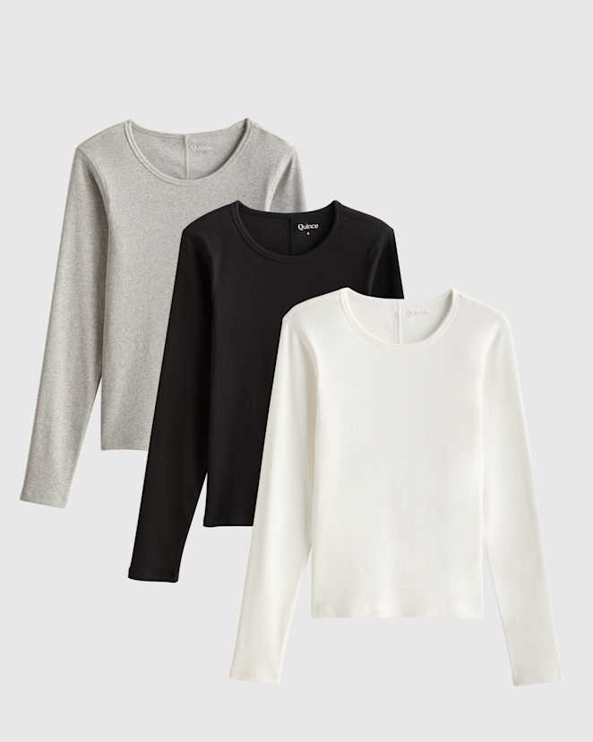 Heather Grey Organic Cotton Micro-Rib Long Sleeve Tee 3 Pack Bundle