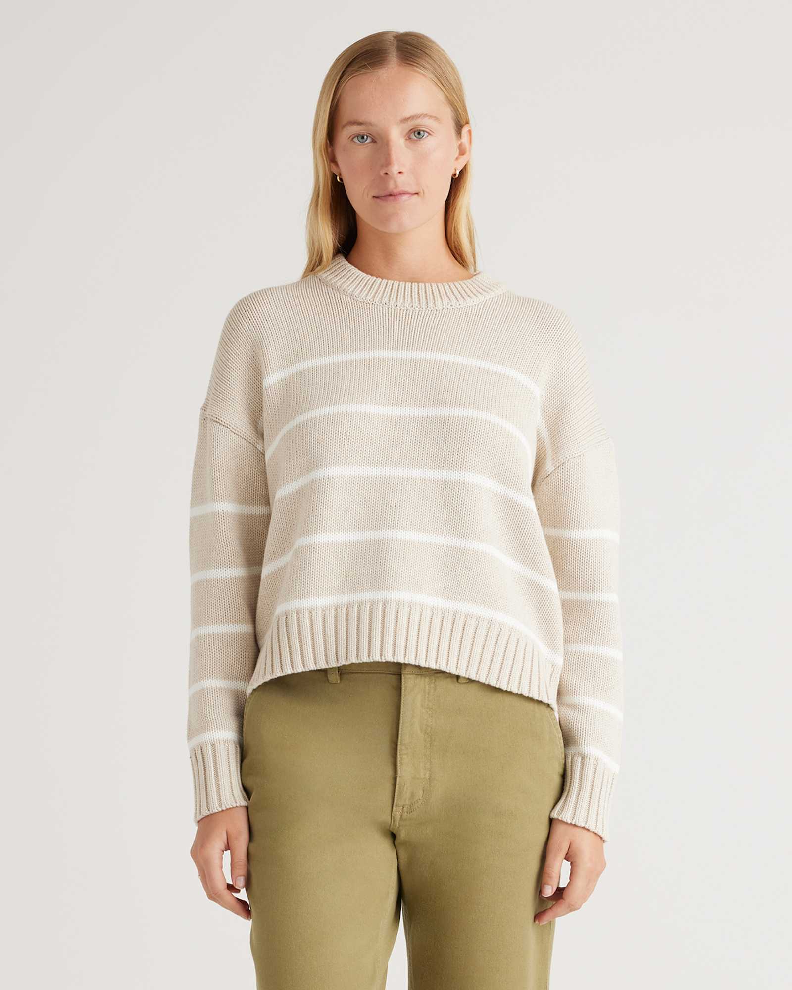 Speckled Beige/Ivory 100% Organic Cotton Striped Crew Sweater