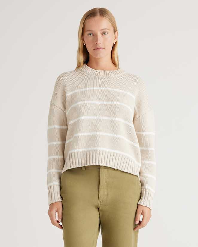 Speckled Beige/Ivory 100% Organic Cotton Striped Crew Sweater