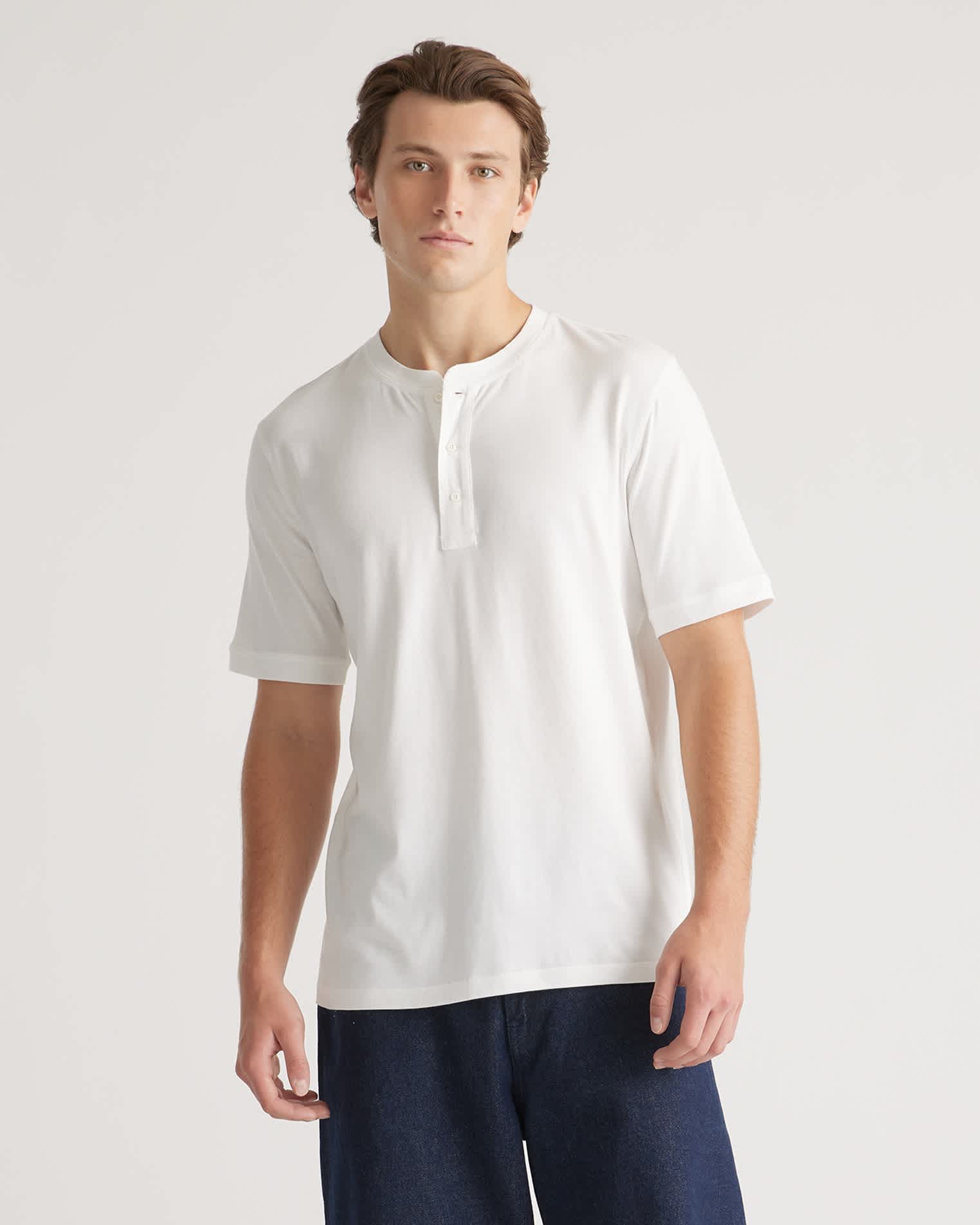 white Cotton Modal Short Sleeve Henley Tee