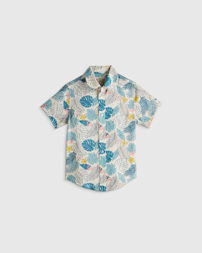 Multi Palm 100% European Linen Printed Short Sleeve Shirt