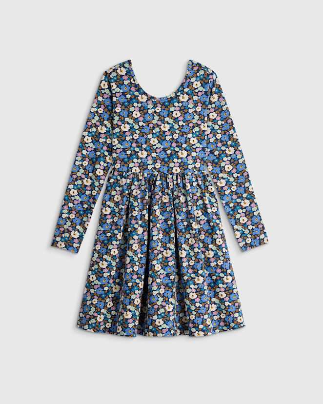Blue Poppy Floral Organic Cotton Long Sleeve Skater Dress
