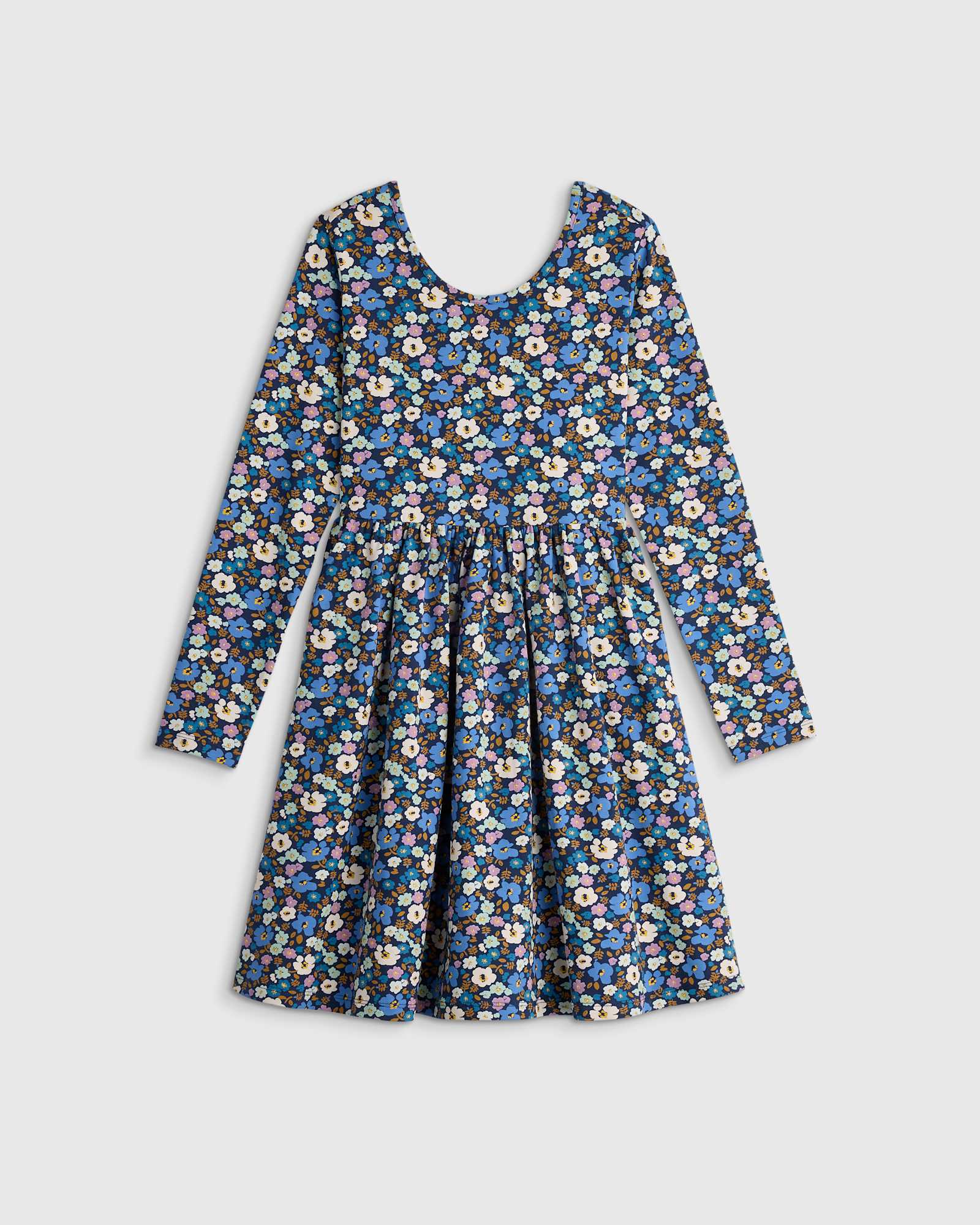 U--371 KID Organic Cotton Long Sleeve Skater Dress - Kid Girl Blue Poppy Floral 16196 CROPPED