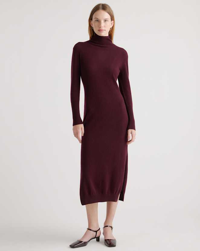 Burgundy Mongolian Cashmere Turtleneck Midi Sweater Dress