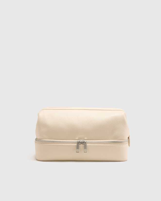 Soft Ivory Italian Leather Dual Compartment Toiletry Bag