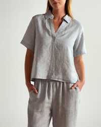 100- European Linen Short Sleeve Popover Top Pinstripe In-House 4x5