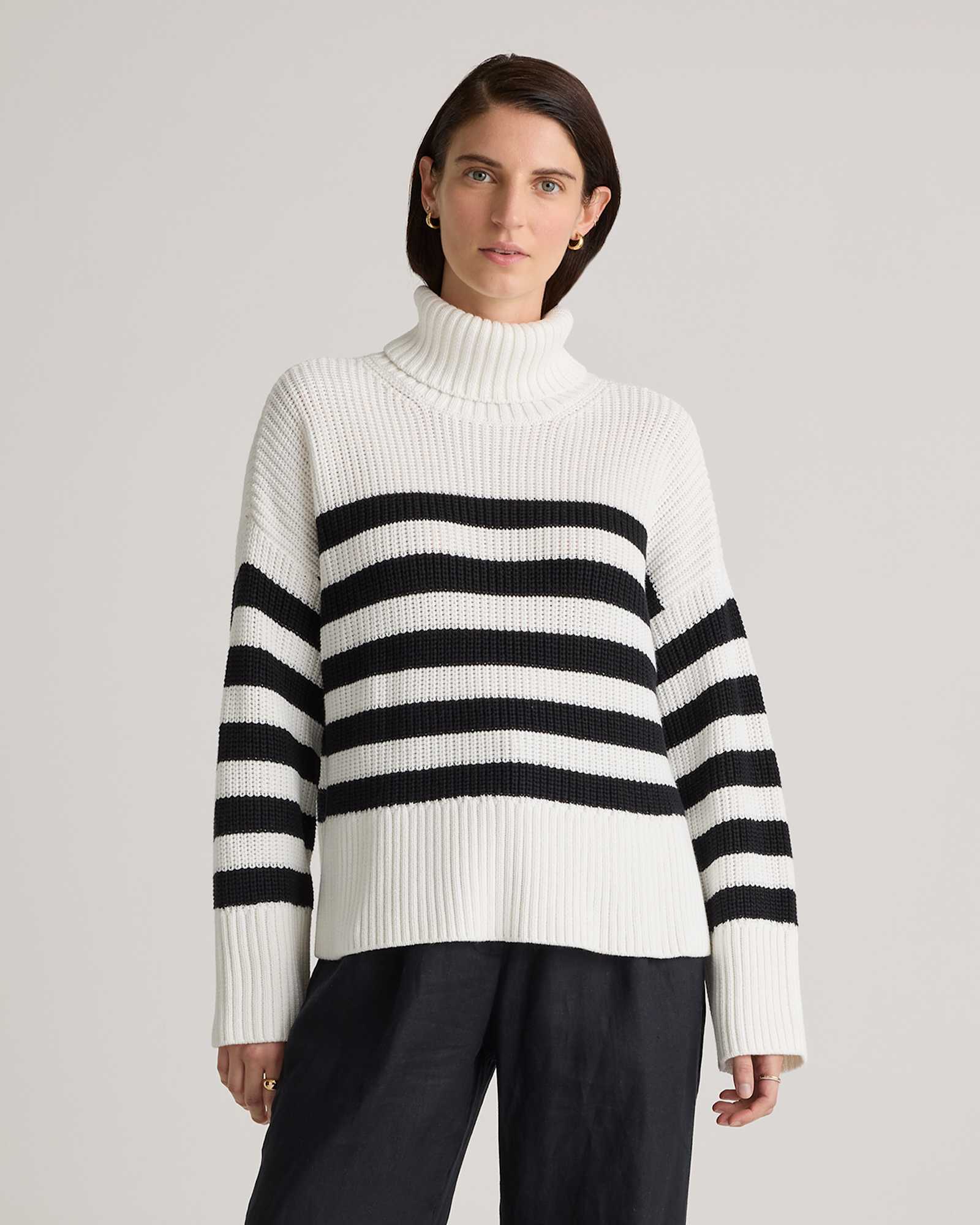 Ivory/Black Stripe 100% Organic Cotton Split Hem Turtleneck Sweater