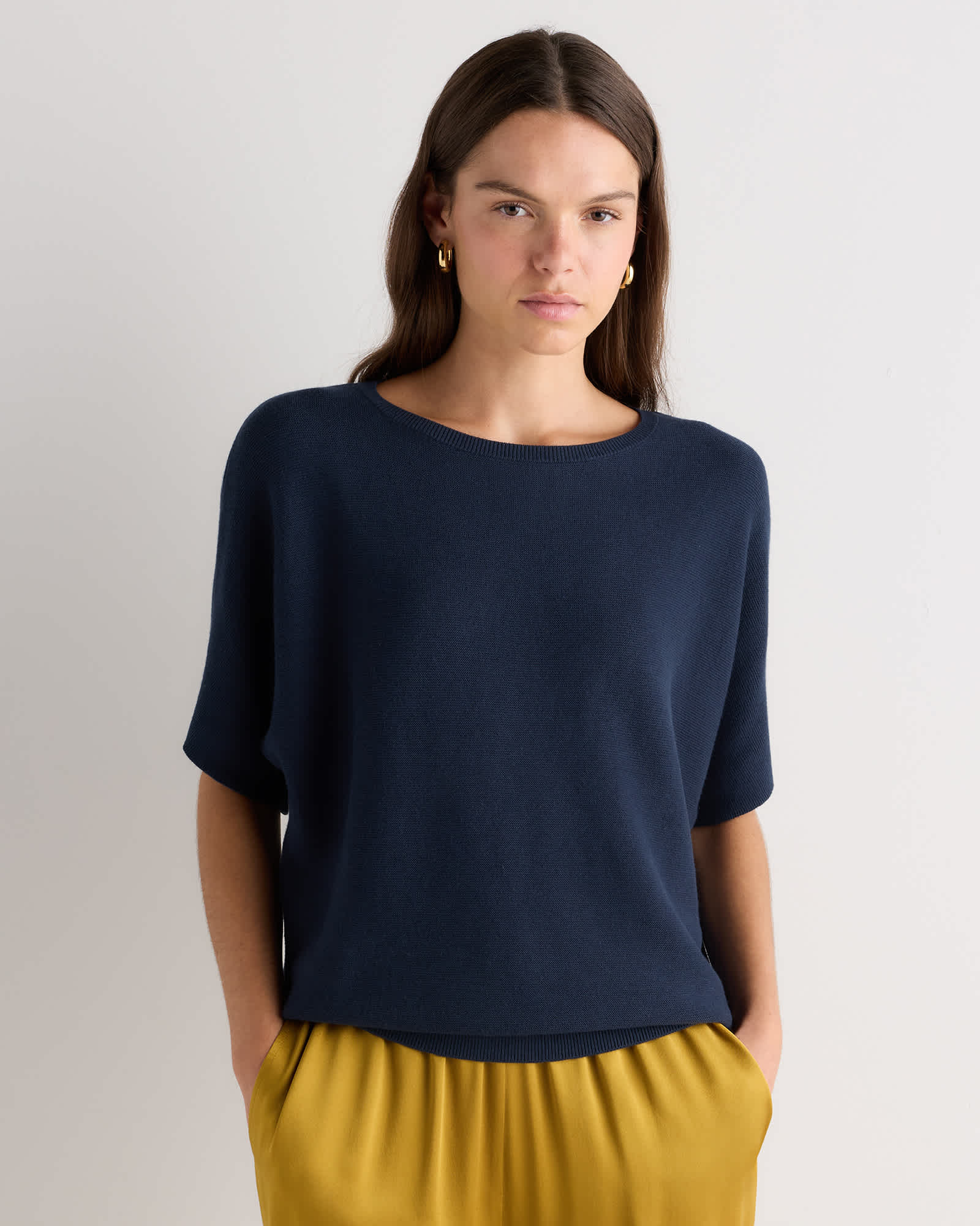 Atlas Navy Lightweight Cotton Cashmere Link-Stitch Dolman Sweater