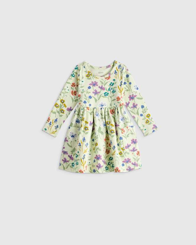 Mint Garden Path Organic Cotton Long Sleeve Fit and Flare Pocket Dress