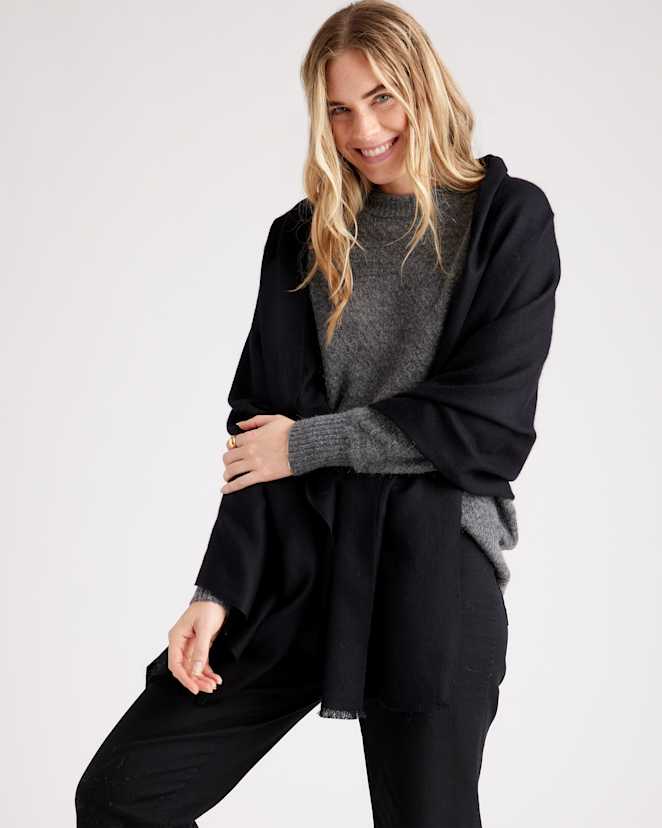 Black Featherweight Cashmere Silk Frayed Edge Scarf