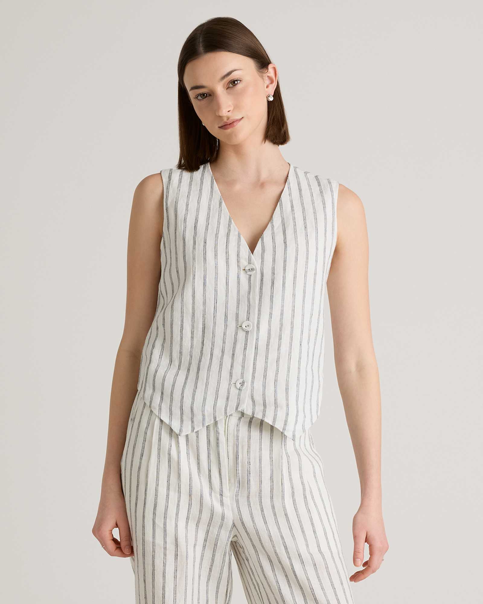 Oatmeal / Black Stripe 100% European Linen Vest
