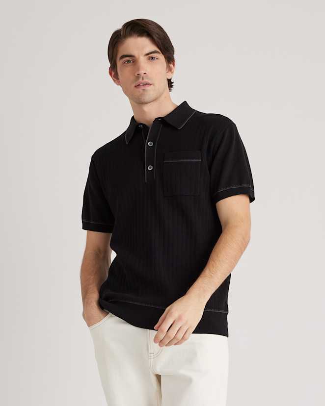 Black/Charcoal Organic Cotton-Silk Tipped Polo Sweater