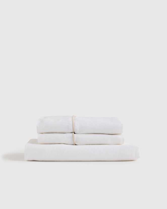 White/Toffee European Linen Piped Fitted Sheet Set