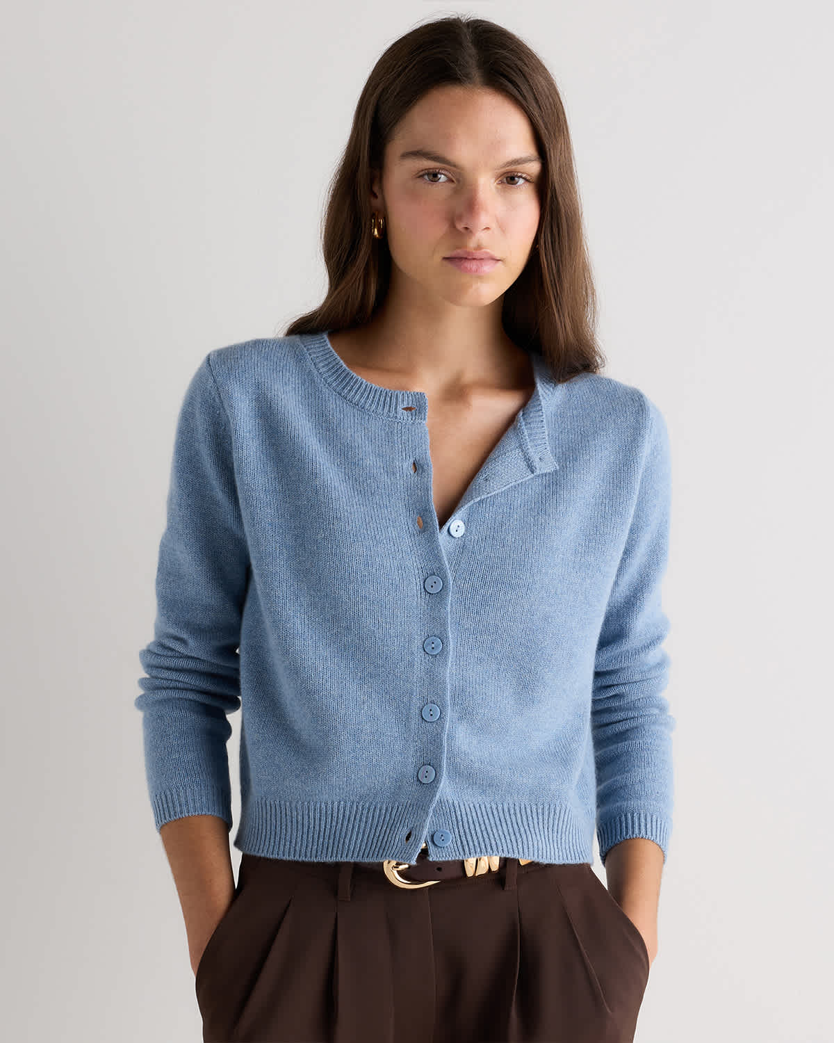 Faded Denim Mongolian Cashmere Cropped Crew Cardigan