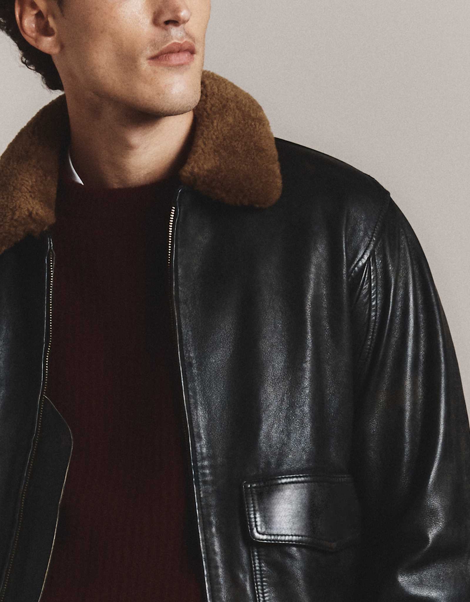 True Black Shearling Collar Leather Flight Jacket