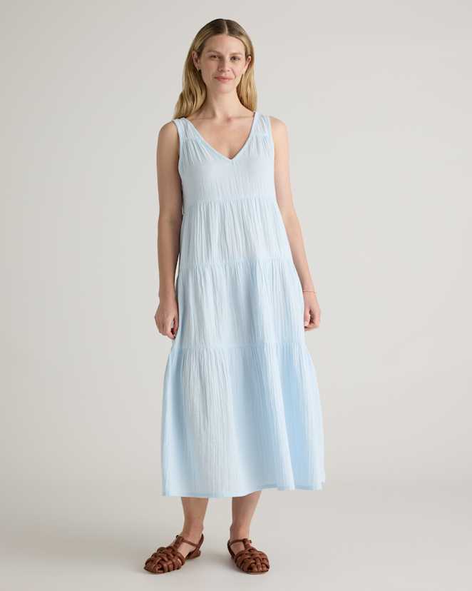 Nantucket Blue 100% Organic Cotton Gauze Tiered Maxi Dress